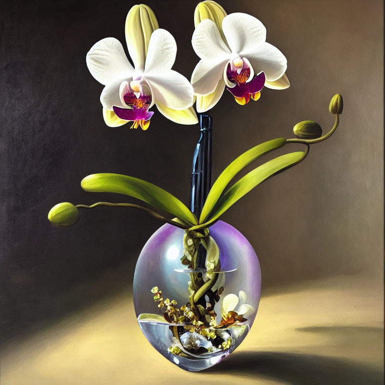 White Orchids with Purple Centers in Clear Round Vase on Dark Background