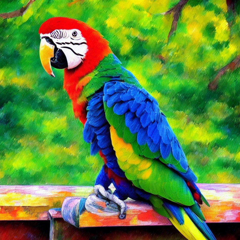 Vibrant Macaw Perched on Branch with Green Foliage