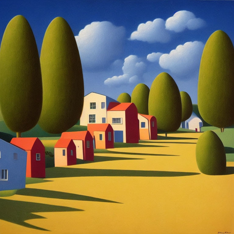 Colorful painting of green trees, yellow pathways, and red-roofed white houses under blue sky