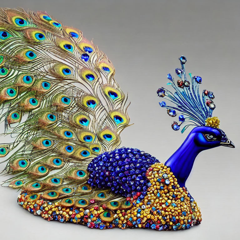 Colorful Crystal Adorned Peacock Sculpture with Natural Feathers