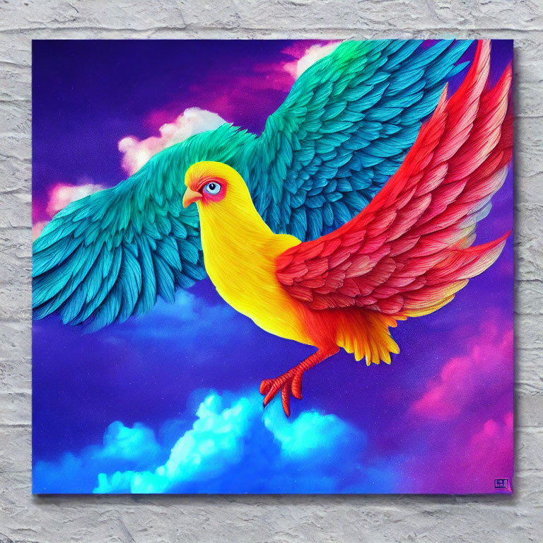 Colorful bird painting with teal and red wings flying in pink and purple clouds