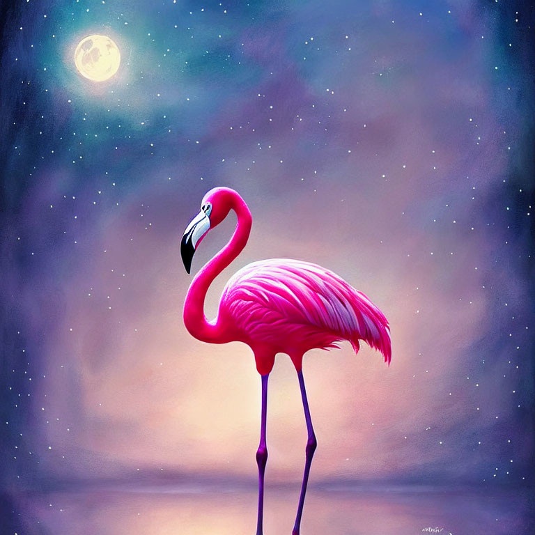 A flamingo in moonlight