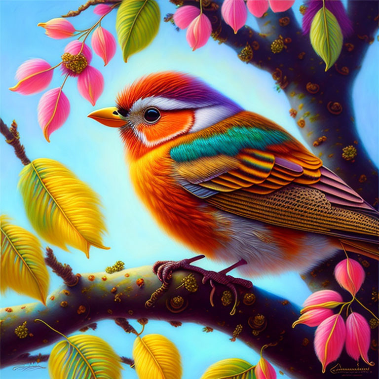 Colorful Bird Among Pink Blossoms and Golden Leaves on Blue Background