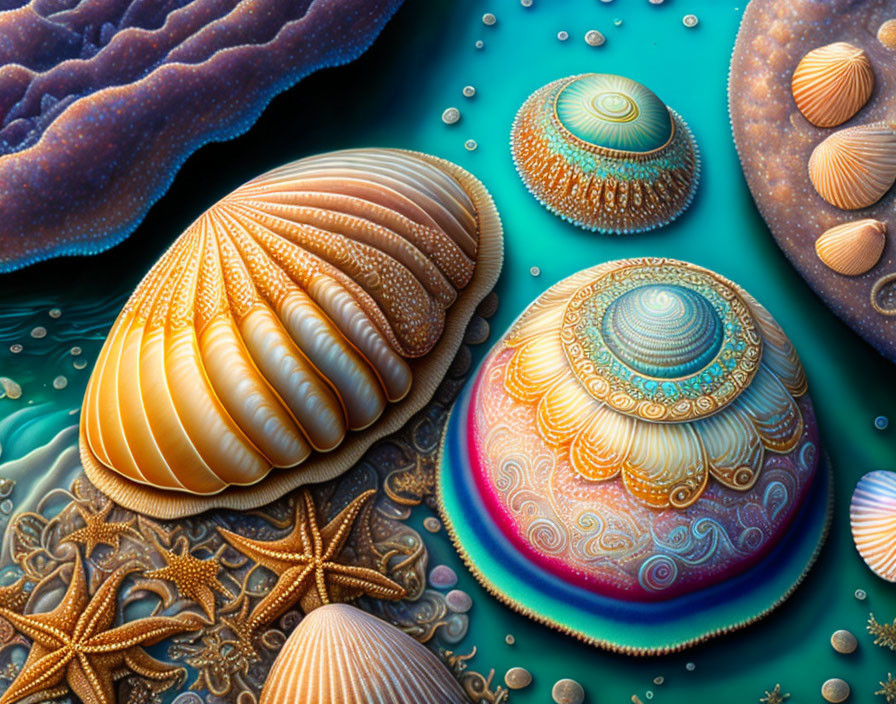 Colorful digital artwork: stylized sea shells and starfish on teal background
