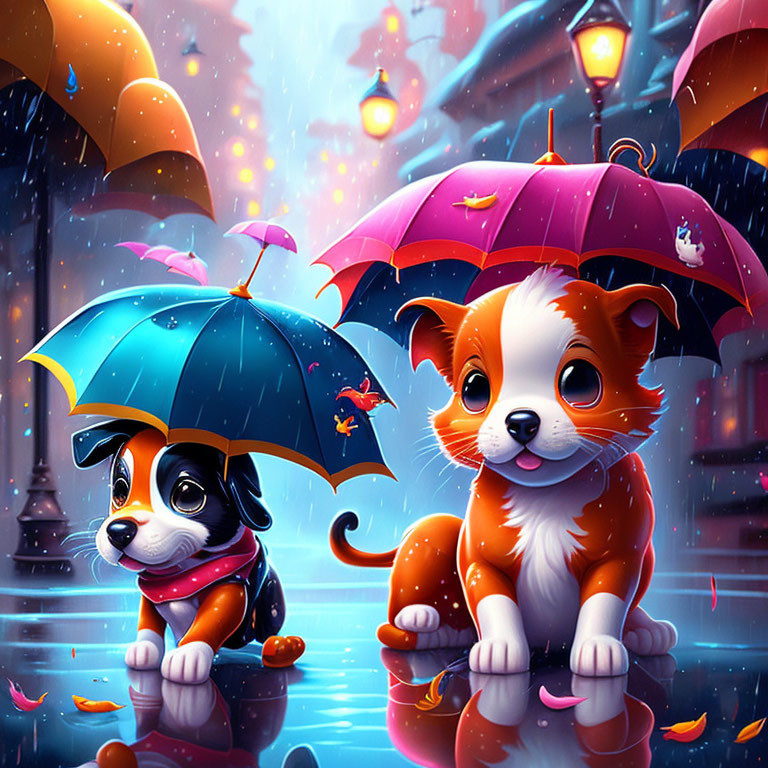 Illustration of puppy and kitten with umbrellas on rainy street