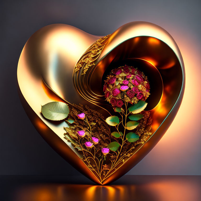 Golden heart with pink flowers and leaves on reflective surface