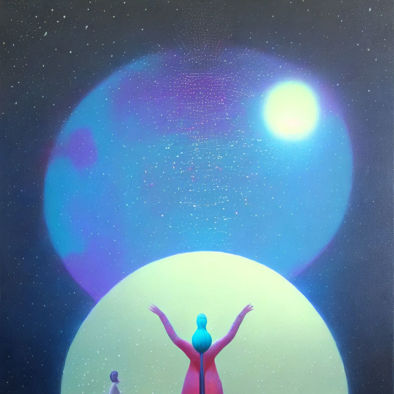 Person with raised arms under starry sky on hill with moon and sun - mystical colors