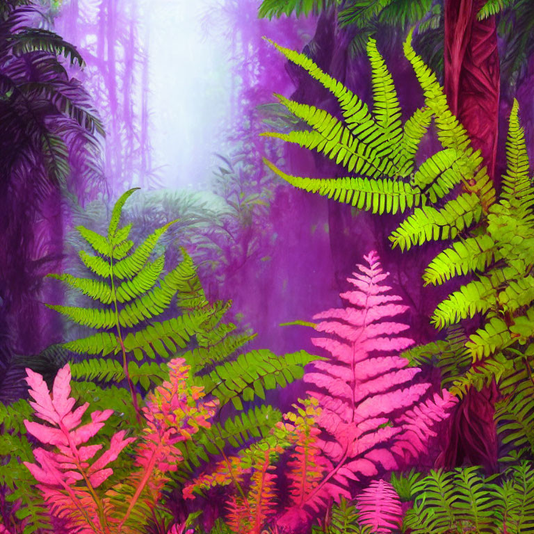 Enchanted forest with vibrant green and pink ferns and purple haze