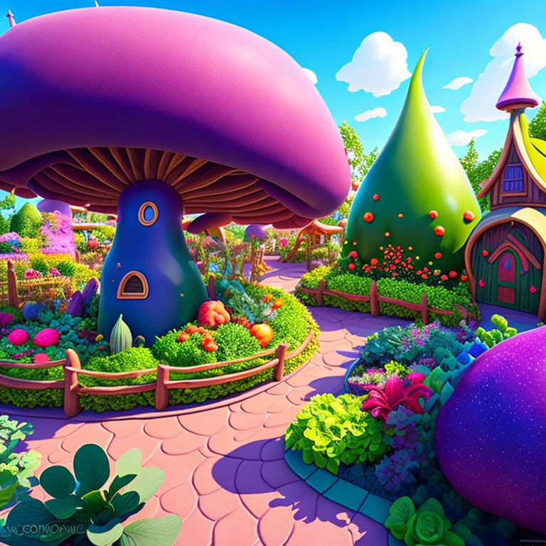 Vibrant fantasy landscape with whimsical mushroom and cone-shaped houses in sunny garden