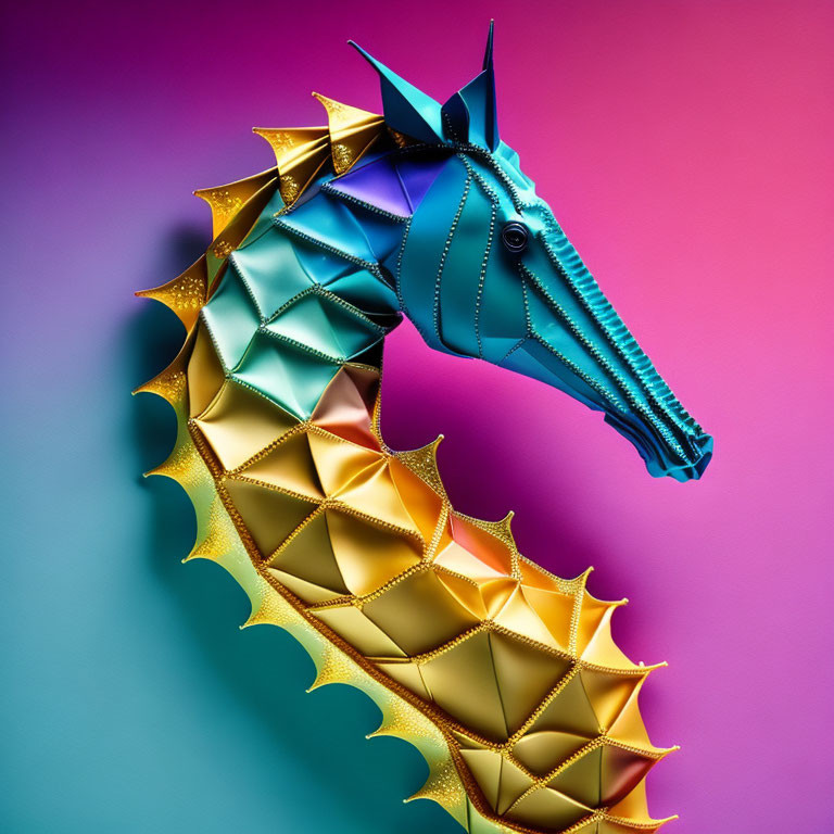 Vibrant seahorse sculpture on pink and purple background