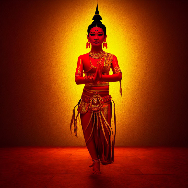 Traditional Thai Dancer in Elaborate Costume Against Warmly Lit Orange Backdrop