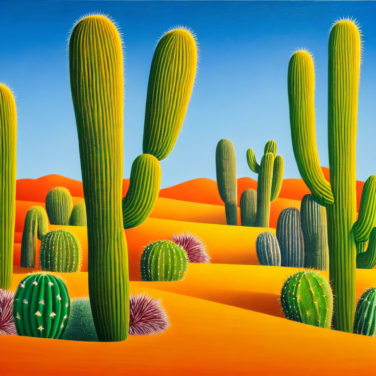 Colorful desert landscape painting with cacti and orange sand