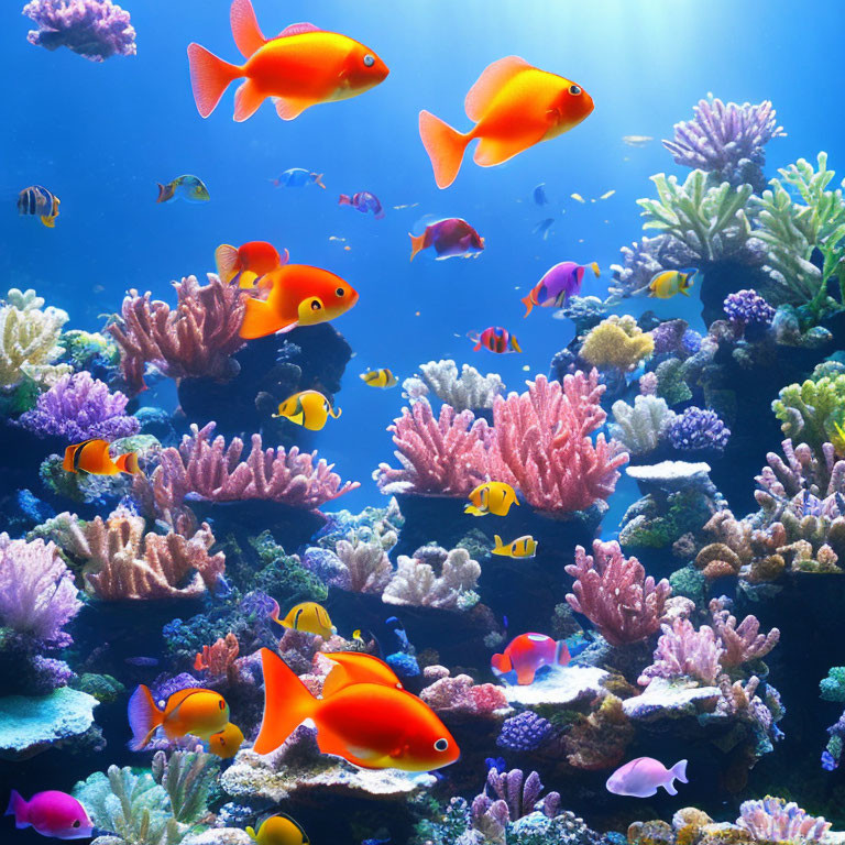 Colorful Fish and Diverse Coral Reefs in Bright Underwater Scene