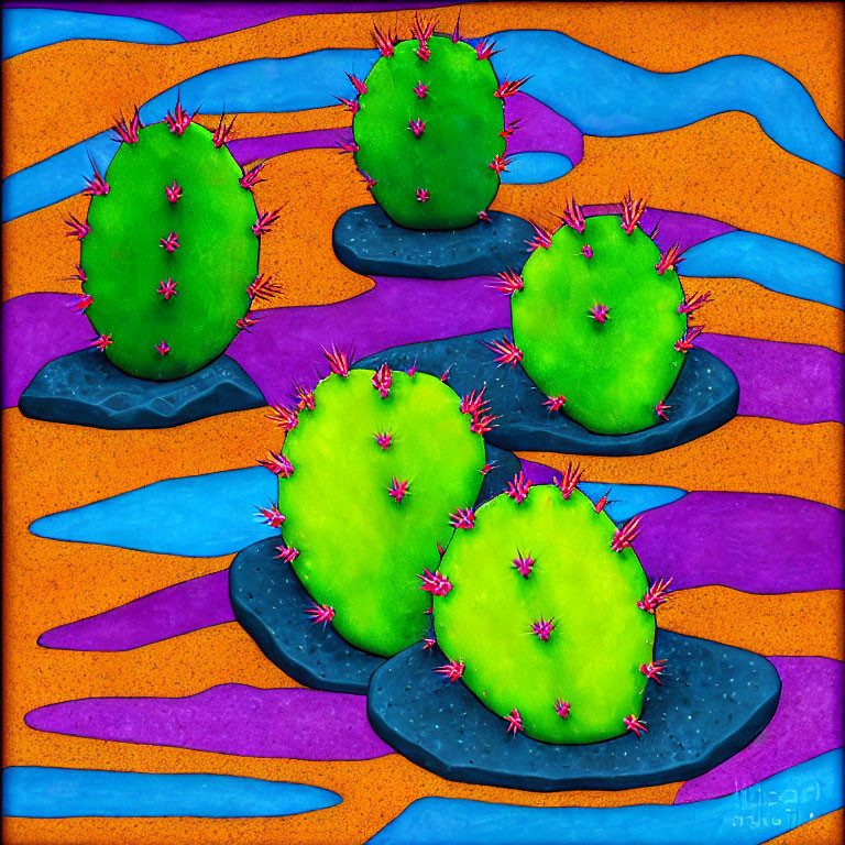 Colorful Illustration of Three Green Cacti on Vibrant Background
