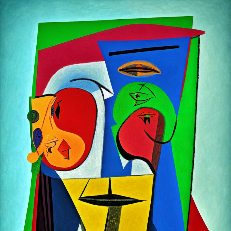 Colorful Abstract Cubist Painting with Geometric Shapes and Fragmented Faces