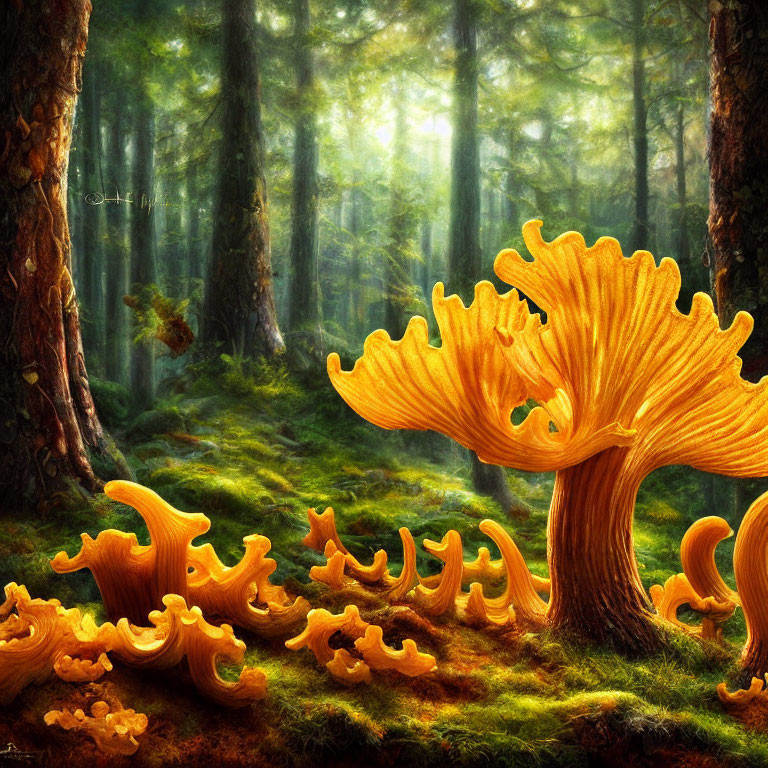 Fantasy forest with oversized golden mushrooms and sunbeams in tall green trees