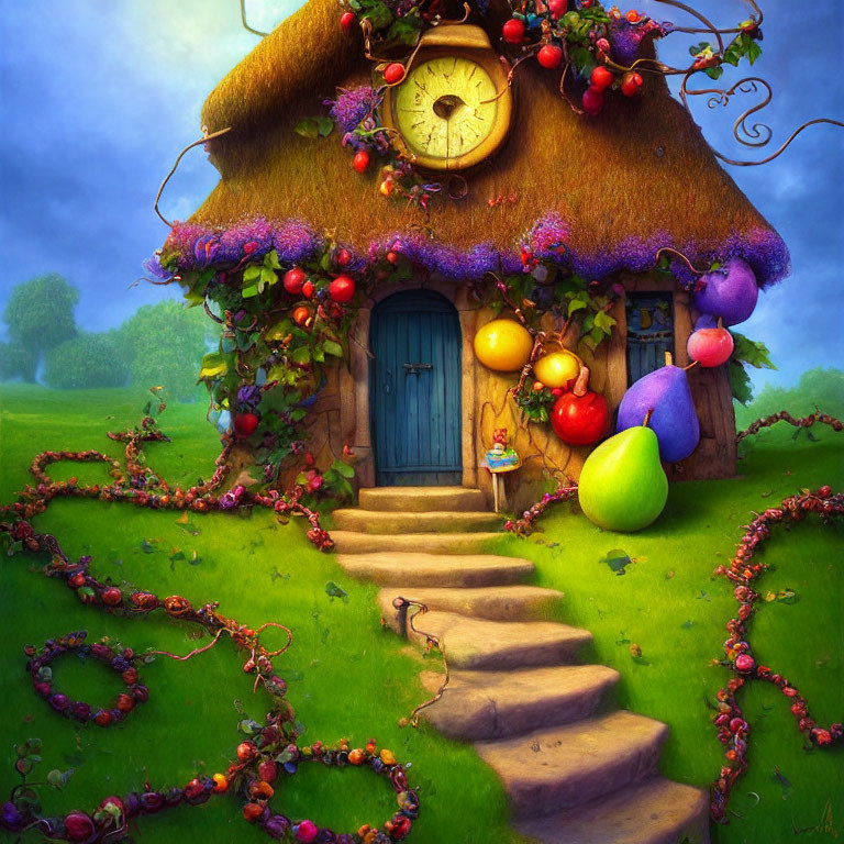 Thatched roof cottage with clock, flowers, and fruits in lush fantasy landscape