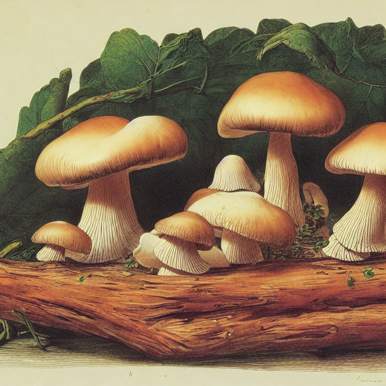 Detailed Vintage Illustration of Mushrooms on Fallen Tree Log