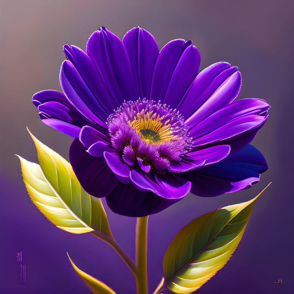 Purple Flower with Yellow Stamens and Green Leaves on Gradient Background