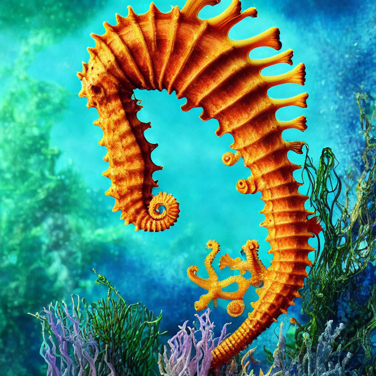 Vibrant underwater scene with orange seahorse and seaweed