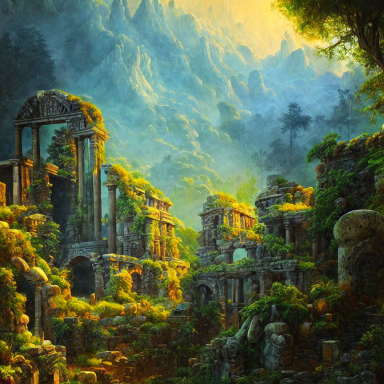 Misty mountains and ancient ruins in lush forest landscape