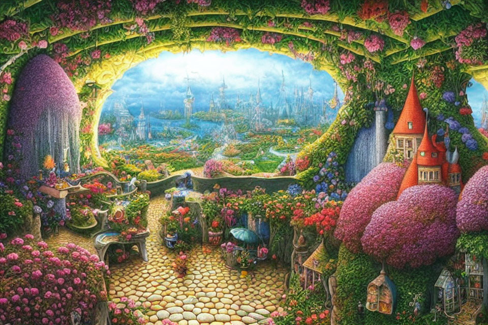 Fantasy garden with cobblestone path, lush vegetation, whimsical houses, and magical city view