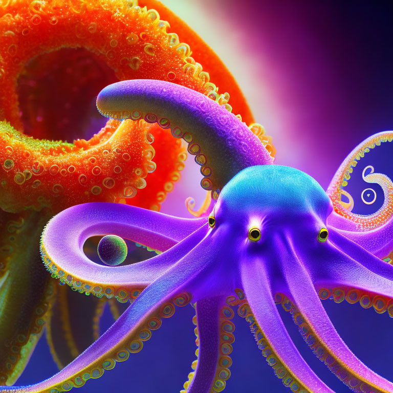 Colorful Purple and Orange Octopus Art on Blue and Purple Background