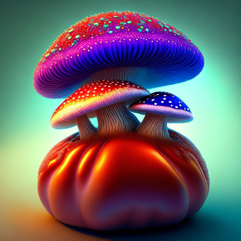 Vibrant digital art: Three luminous mushrooms with red and blue caps