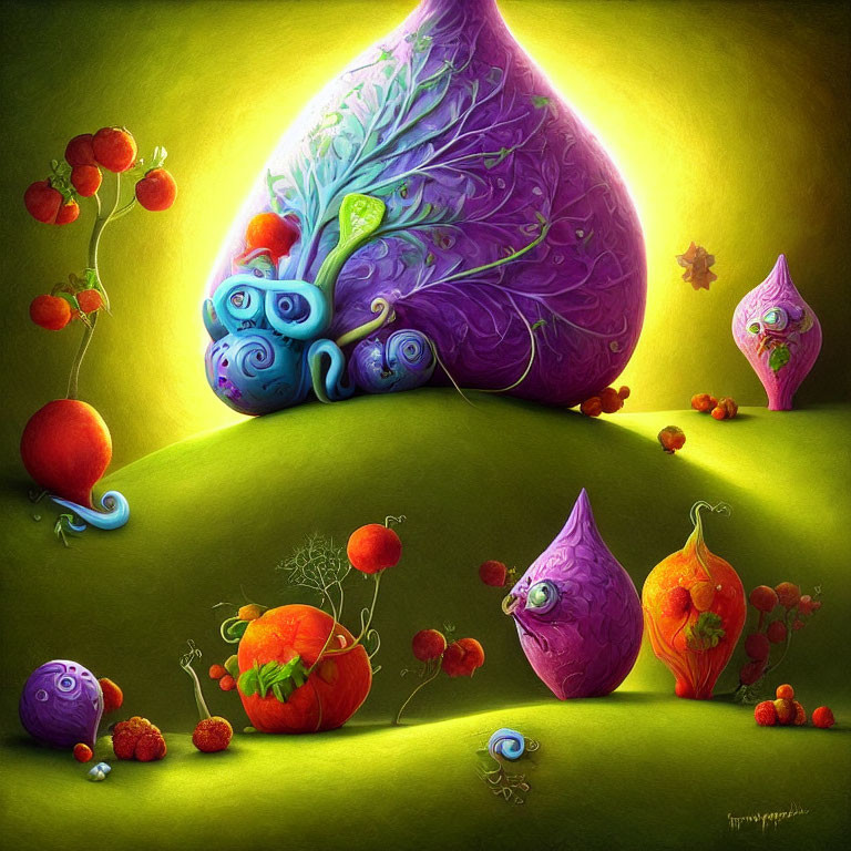 Colorful stylized plant-like creatures on vibrant background