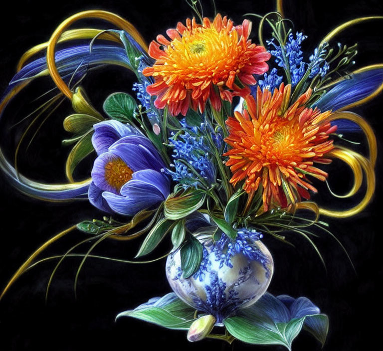 Colorful Floral Bouquet Still-Life Painting with Orange, Purple, and Blue Flowers in Gold-Acc
