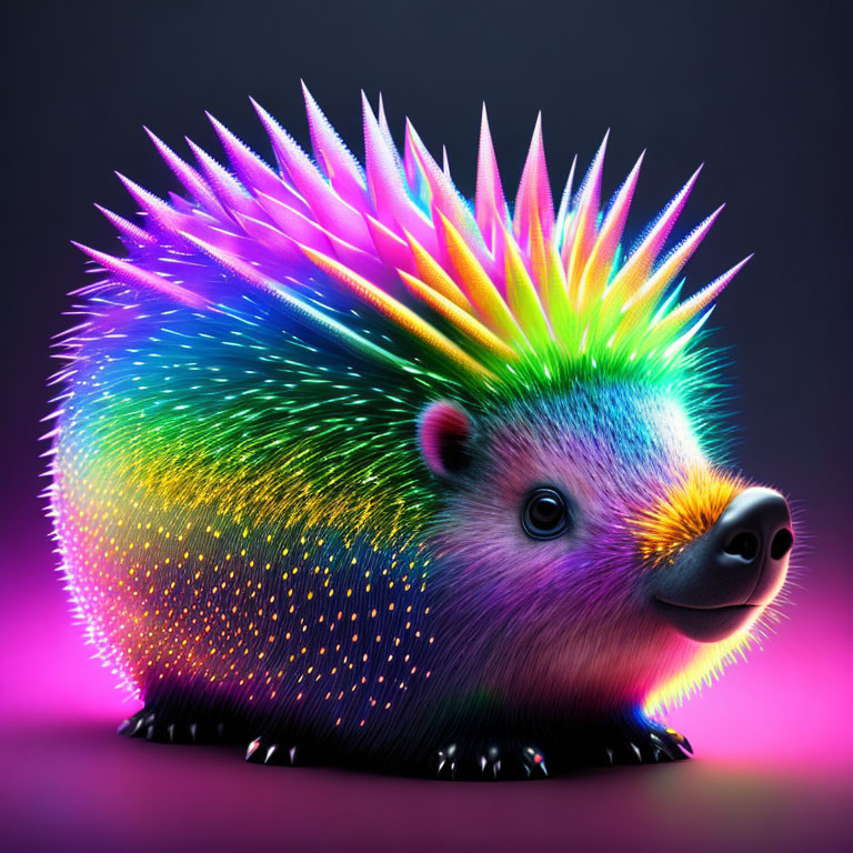 Colorful Neon-Lit Hedgehog with Rainbow Spectrum on Dark Background