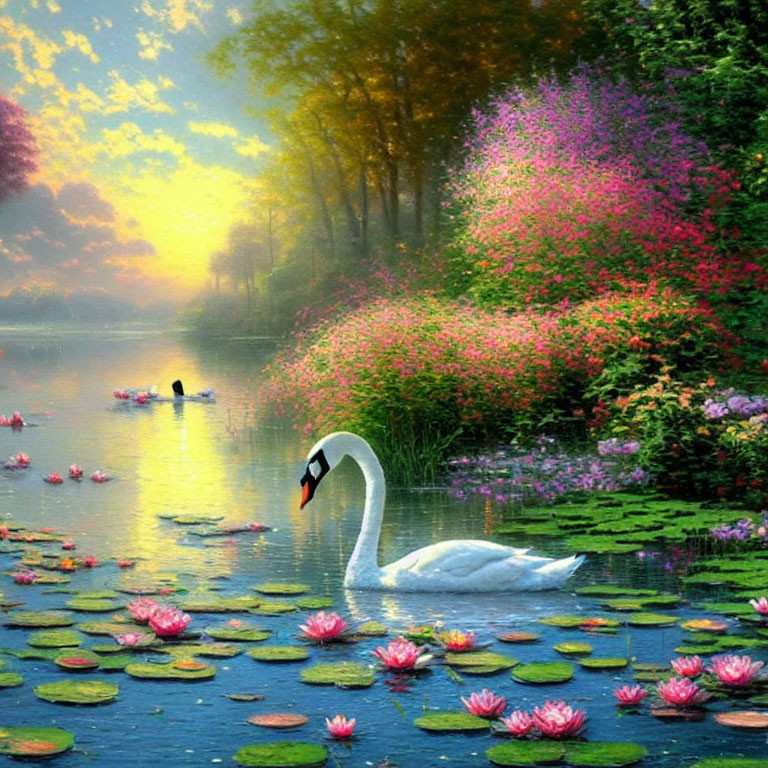 Tranquil lake scene with swan, lush foliage, and sunrise sky