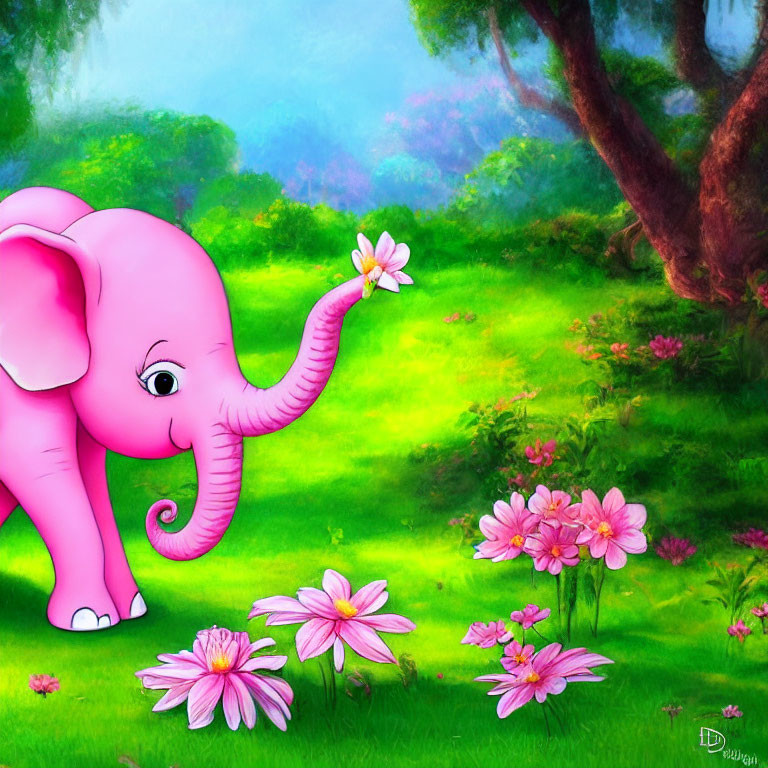 Smiling Pink Elephant with White Flower in Vibrant Green Forest