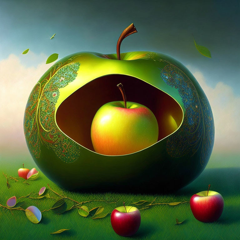 Surreal image: Large green apple with paisley pattern cut-out, revealing smaller apple inside
