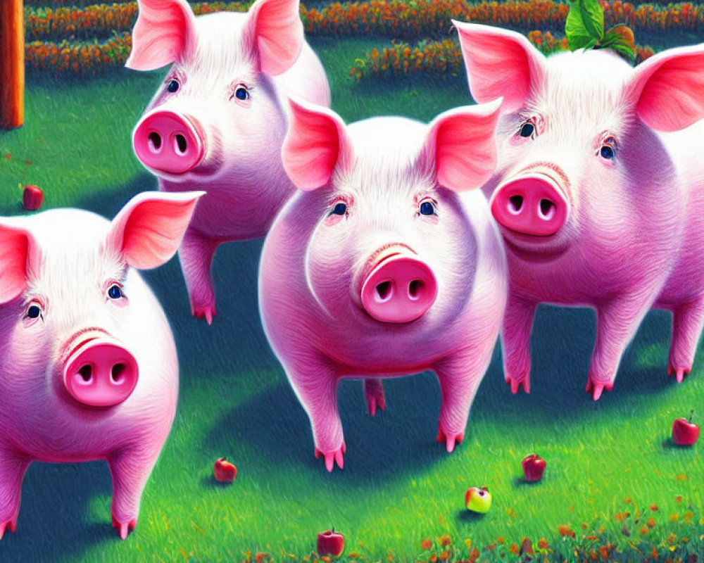 Four Cartoon Pigs in Vibrant Green Field with Red Apples