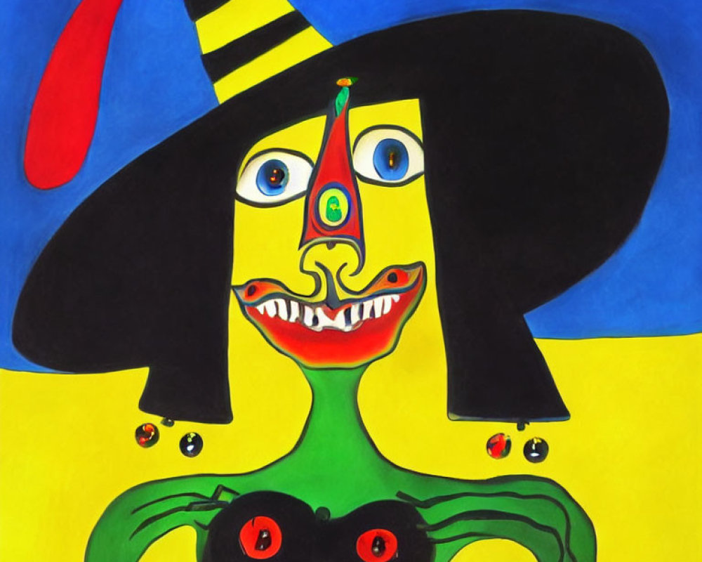 Colorful Abstract Painting of Whimsical Character with Distorted Face and Striped Hat