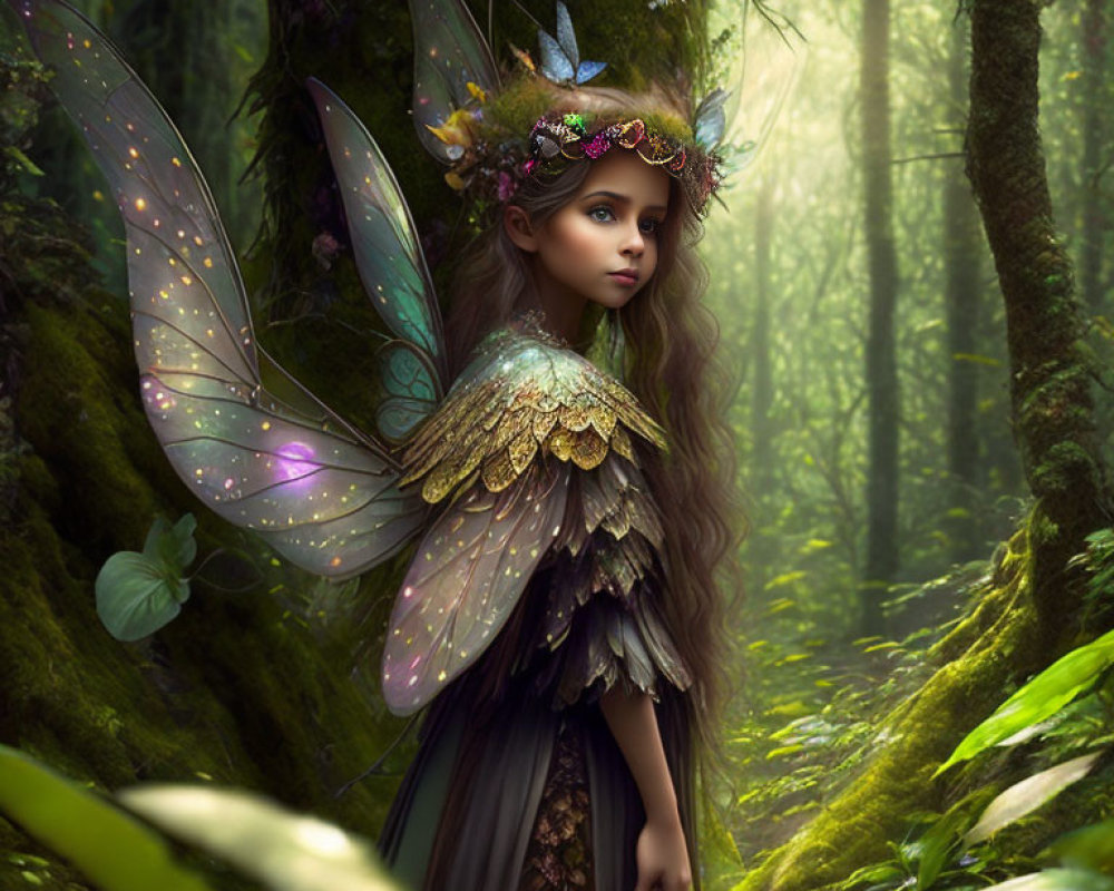 Mystical fairy with glittering wings in enchanted forest