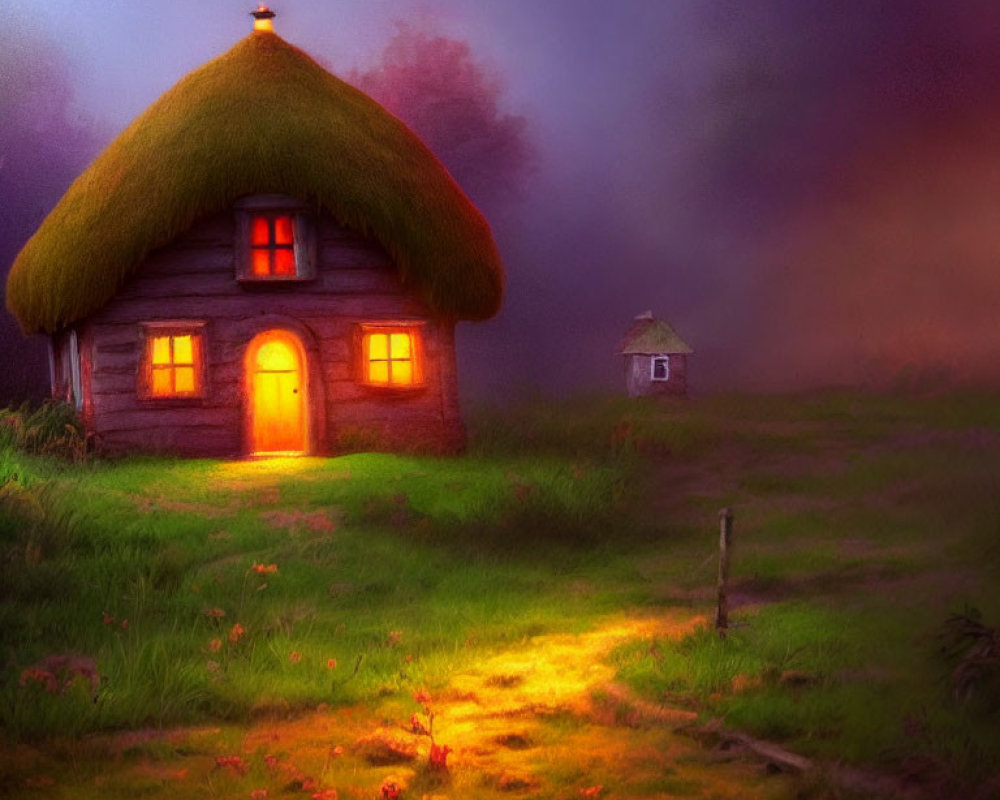 Quaint Thatched Cottage Illuminated in Twilight Landscape