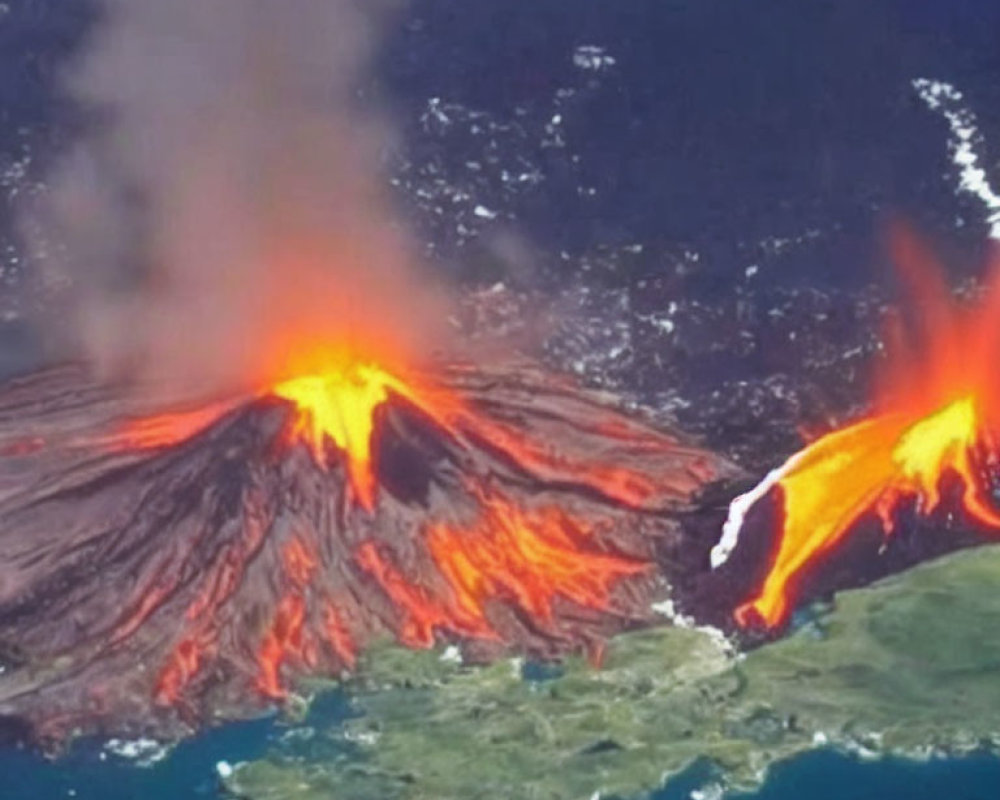 Aerial View of Volcanic Eruption with Lava Flow and Smoke