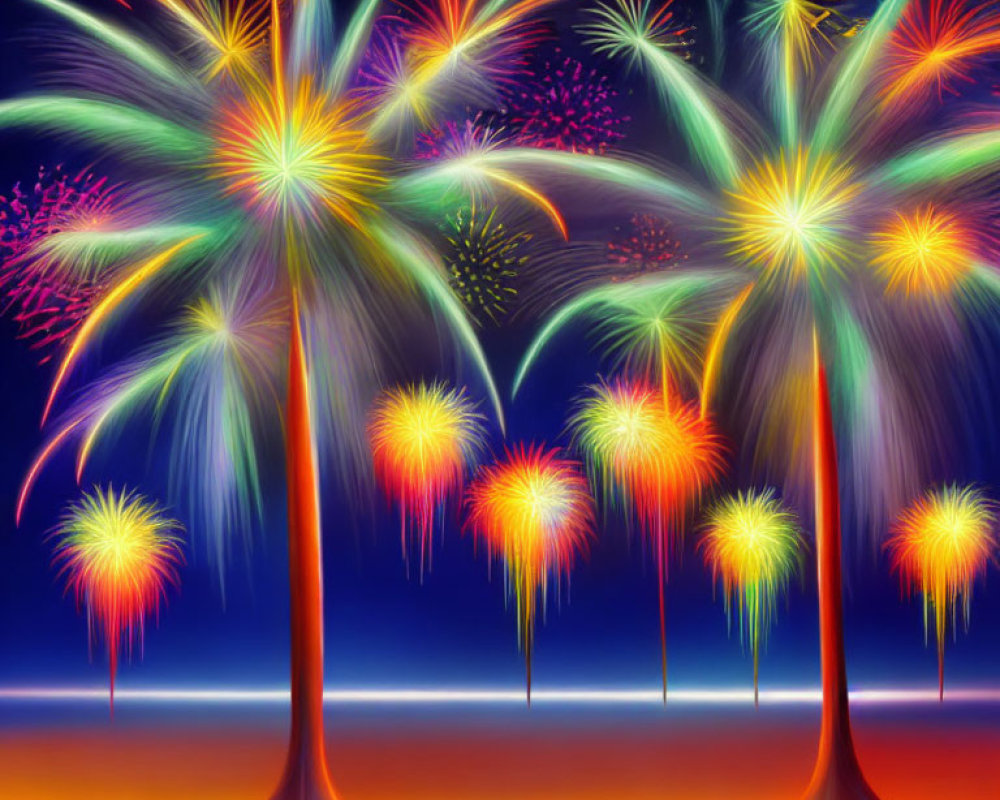 Vibrant palm tree fireworks illuminate orange and blue sky