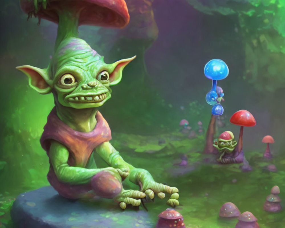 Green Goblin with Large Ears in Mystical Forest Under Mushroom