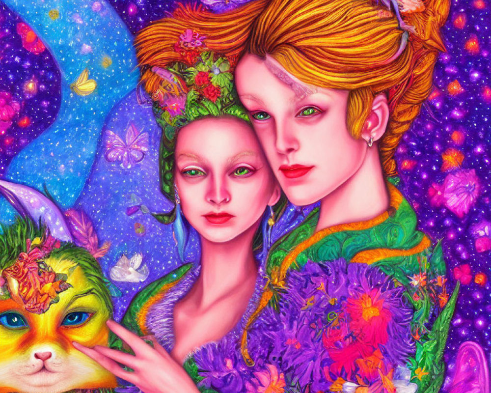 Vivid illustration of ethereal beings with cosmic background and whimsical cat creature