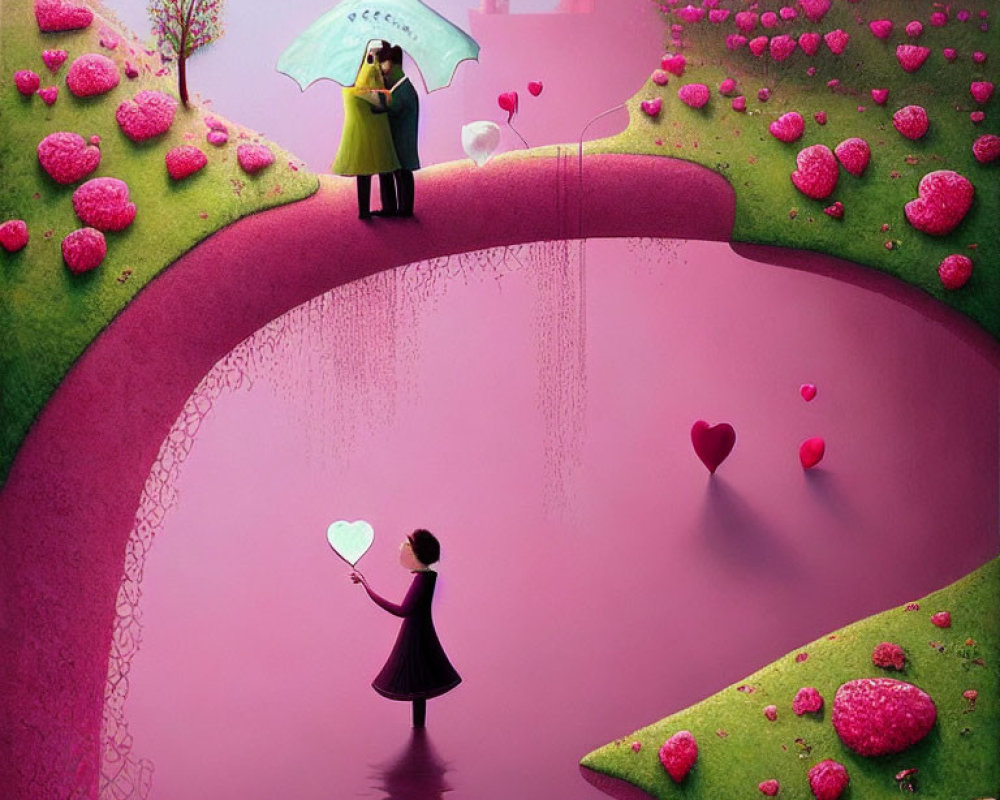 Whimsical artwork of couple under umbrella on heart-shaped bridge and girl with heart-balloon by pink
