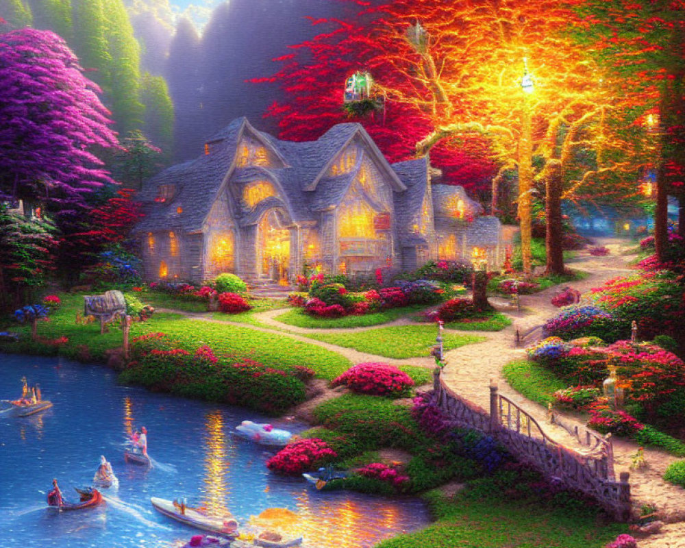 Whimsical cottage by pond with lush gardens and rowboats at sunset