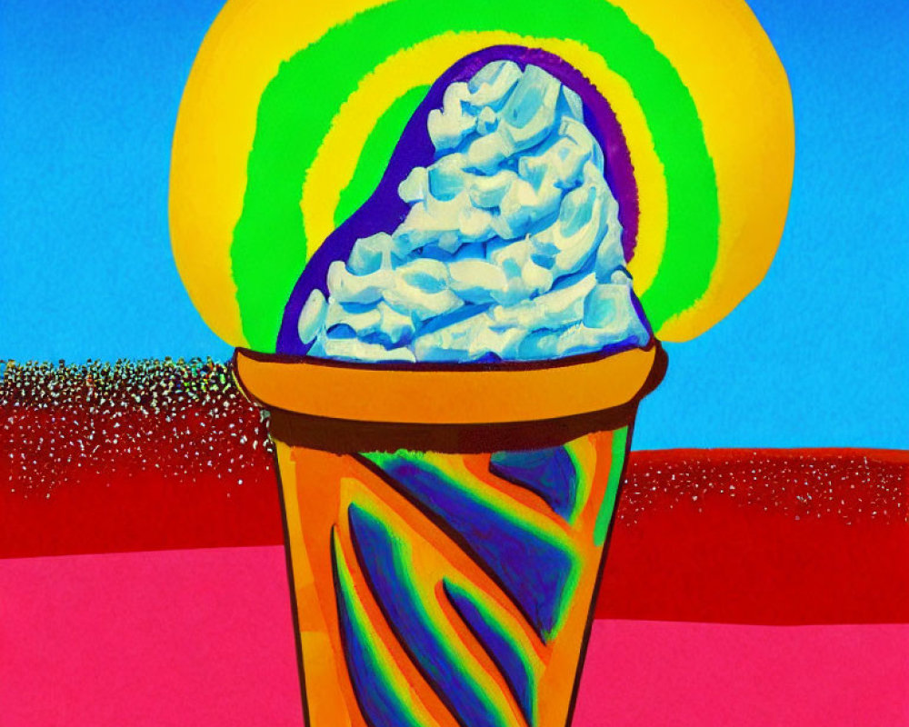 Colorful Abstract Painting: Ice Cream Cone with Rainbow Aura on Pink and Blue Background