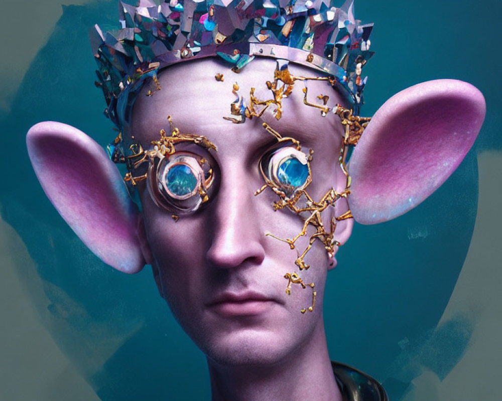 Digital artwork featuring character with pink ears, blue mechanical eyes, ornate crown, and golden vine details