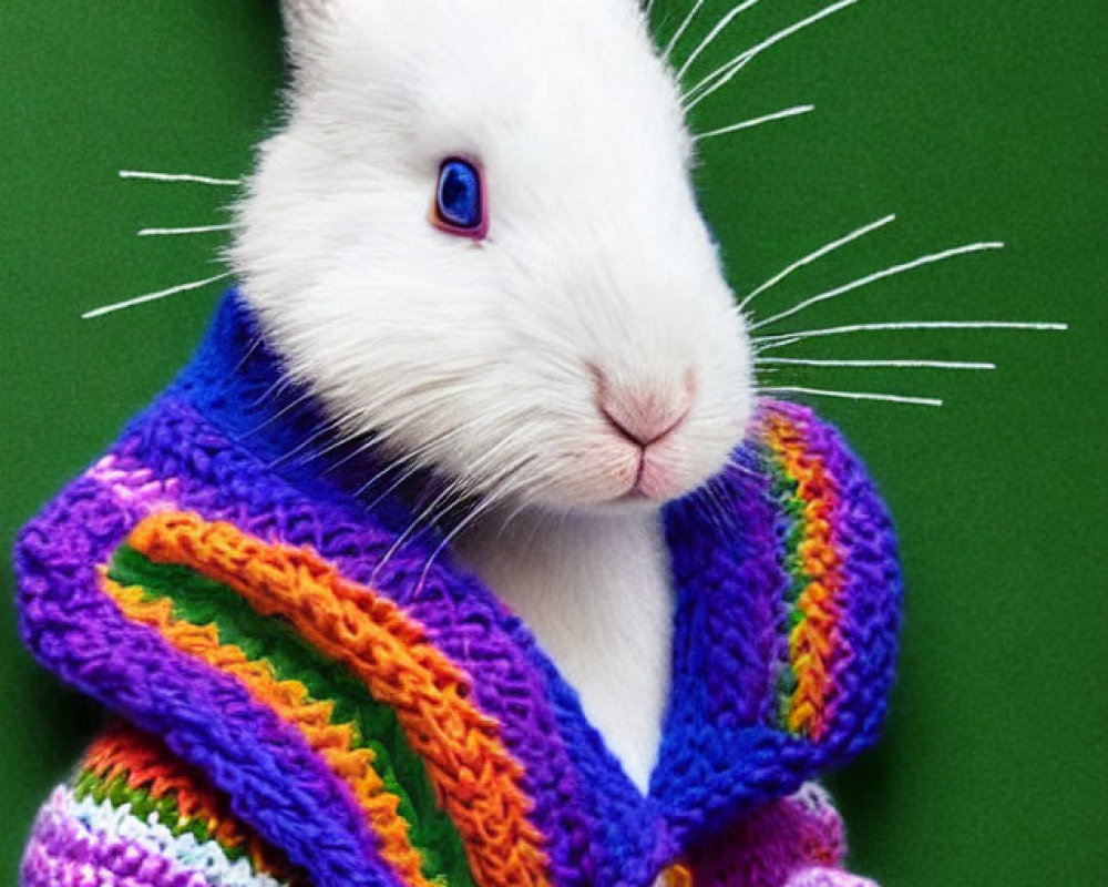 White Rabbit with Blue Eyes in Colorful Sweater on Green Background
