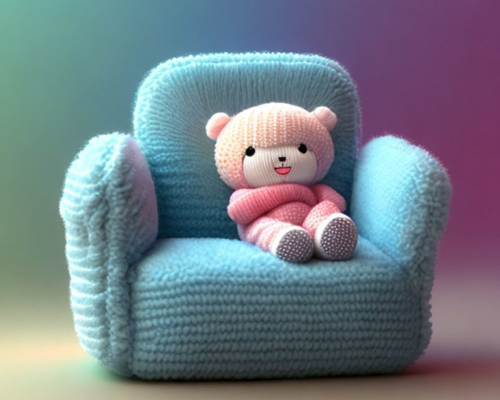 Knitted Teddy Bear on Blue Armchair in Pastel Setting