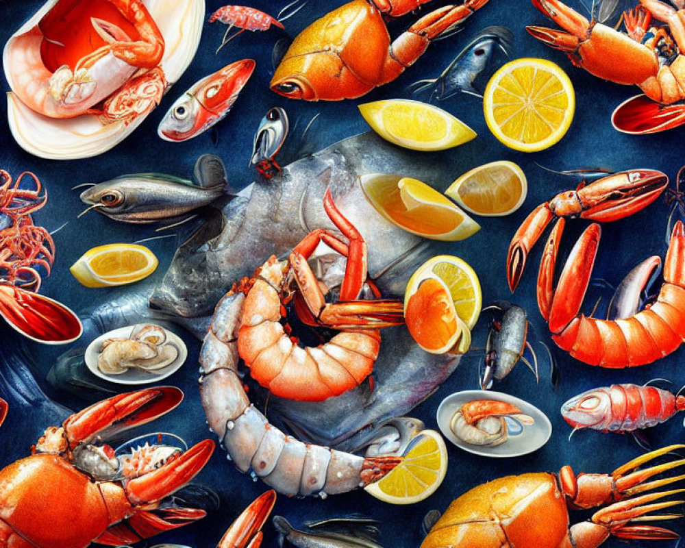 Seafood Platter with Shrimp, Lobster, and Fish on Textured Background