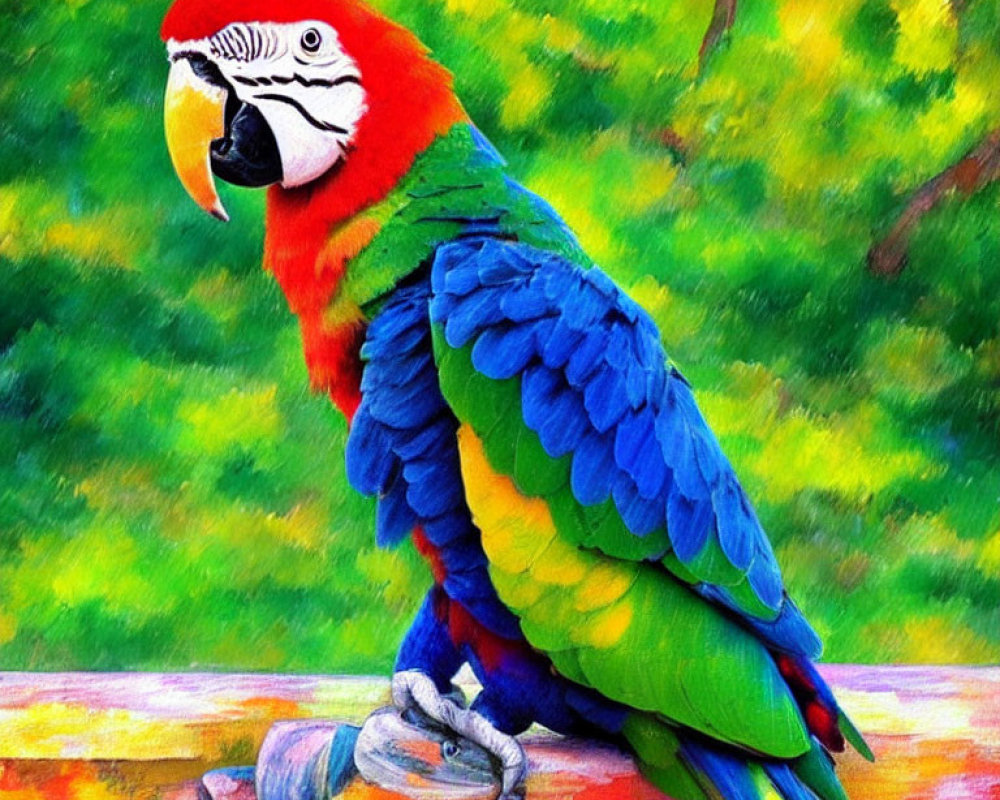 Vibrant Macaw Perched on Branch with Green Foliage